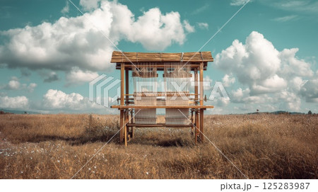 A bamboo loom stands gracefully in a wide grassy field, surrounded by gentle hills. The sky is bright with fluffy clouds, and the atmosphere feels peaceful and timeless. 125283987