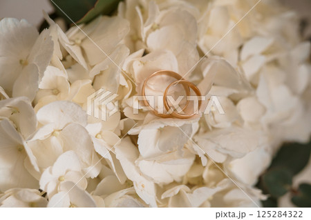 Elegant Wedding Rings Nestled in a Lush Bouquet of White Hydrangeas Symbolizing Love, Commitment, and a New Beginning with Soft Natural Lighting Elegant Wedding Rings Nestled in a Lush Bouquet of White Hydrangeas Symbolizing Love, Commitment, and a New Beginning with Soft Natural Lighting 125284322