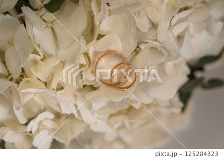 Elegant wedding rings nestled among luxurious white hydrangea blossoms, symbolizing love, commitment, and a romantic union, captured with soft lighting and focus on detail Elegant wedding rings nestled among luxurious white hydrangea blossoms, symbolizing love, commitment, and a romantic union, captured with soft lighting and focus on detail 125284323