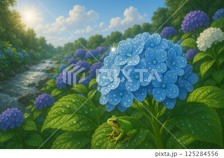雨上がりの瑞々しいアジサイの花と雨蛙 125284556