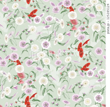 A Colorful Field of Blooming Dianthus Flowers. Vector illustration of a seamless pattern A Colorful Field of Blooming Dianthus Flowers. Vector illustration of a seamless pattern 125285124