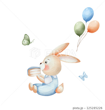 Bunny with a slice of birthday cake, balloons and butterflies. Invitation elements for children's parties, birthdays. Watercolor set with cute hand drawn animal isolated on white background. For cards 125285226