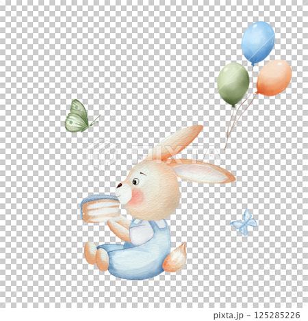 Bunny with a slice of birthday cake, balloons and butterflies. Invitation elements for children's parties, birthdays. Watercolor set with cute hand drawn animal isolated on white background. For cards 125285226