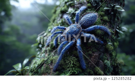 A large blue tarantula sits on a moss-covered tree in the forest 125285282