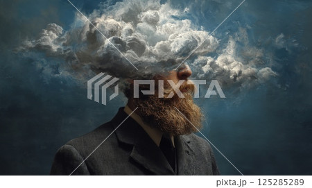 A man with a red beard wearing a gray business suit, his eyes covered by white clouds on a blue background 125285289