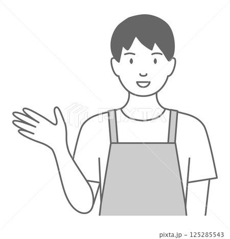 エプロンをした男性が「こちらです」と案内しているイラスト 125285543