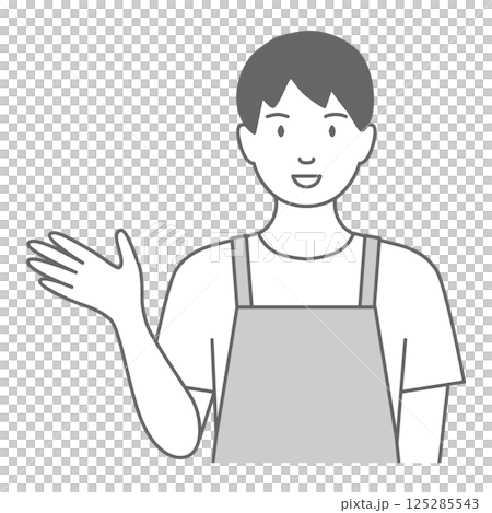 An illustration of a man wearing an apron saying "This way" 125285543