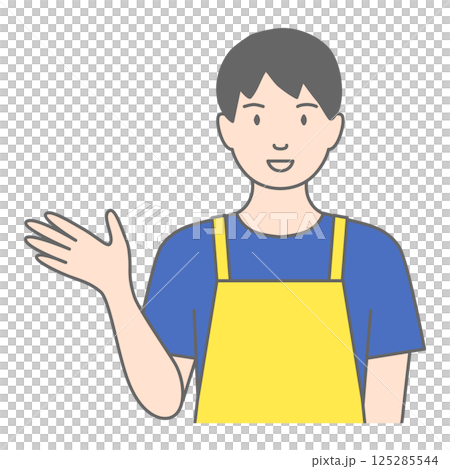 An illustration of a man wearing an apron saying "This way" 125285544