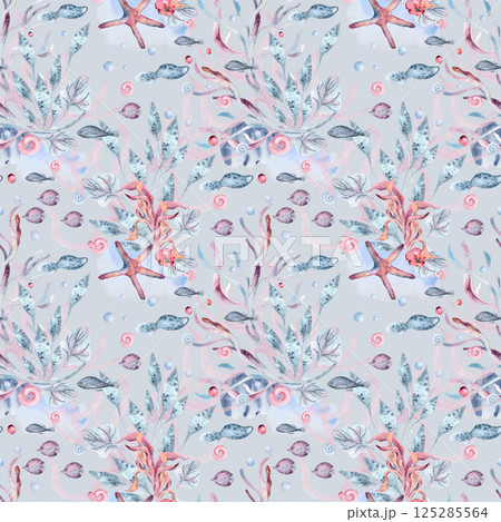 Marine seamless pattern of fish, starfish, shells, and seaweed in soft watercolor shades hand painted on gray blue. Elegant ocean life print for fabrics, home decor, gift wrapping, and coastal style. Marine seamless pattern of fish, starfish, shells, and seaweed in soft watercolor shades hand painted on gray blue. Elegant ocean life print for fabrics, home decor, gift wrapping, and coastal style. 125285564