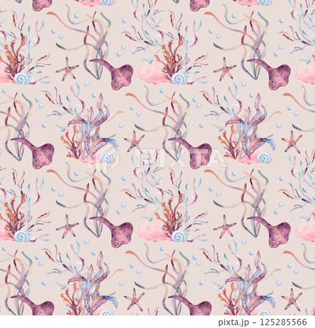 Underwater seamless pattern with watercolor sea creatures, seaweed and stingrays hand drawn in neutral pastel tones on white. Repeated background for ocean design fabric, stationery, wrapping paper. 125285566