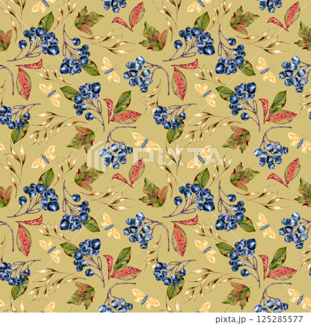 Vintage style autumn seamless pattern of black chokeberry branches, rowan berries, and delicate fall foliage isolated. Plants and butterflies watercolor repeated texture for home decor, textile. Vintage style autumn seamless pattern of black chokeberry branches, rowan berries, and delicate fall foliage isolated. Plants and butterflies watercolor repeated texture for home decor, textile. 125285577