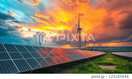 Clean Energy Landscape with Solar Panels and Wind Turbines at Sunrise. 125285648