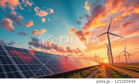 Clean Energy Landscape with Solar Panels and Wind Turbines at Sunrise. 125285649