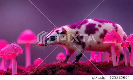 A spotted civet standing among pink luminescent mushrooms 125285694