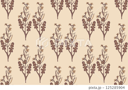 Botanical floral seamless pattern with wildflowers bouquet vector illustration. Repeating pastel brown plants with stems, leaves, flowers in beige background. Graphic design for Fashion Cover Wedding 125285904