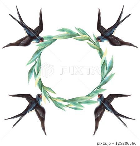 Wreath with swallows and green branch. Spring floral circle template with birds and foliage. Botanical watercolor frame. Perfect for wedding invitations, seasonal themes, elegant romantic arrangement 125286366