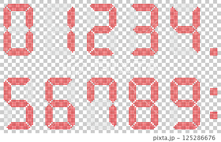 Digital numbers on electronic display board, red 125286676