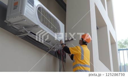 Professional technician performing a leak test on an air conditioning unit. 125286730