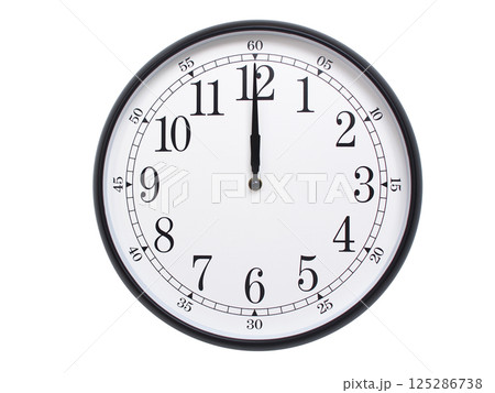 Round wall clock with black frame showing time at 00:00 or 12:00. Ideal for concepts of time or scheduling. 125286738