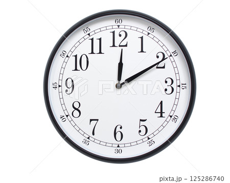 Round wall clock with black frame showing time at 00:10 or 12:10. Ideal for concepts of time or scheduling. Round wall clock with black frame showing time at 00:10 or 12:10. Ideal for concepts of time or scheduling. 125286740