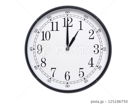 Round wall clock with black frame showing time at 01:00 or 13:00. Ideal for concepts of time or scheduling. Round wall clock with black frame showing time at 01:00 or 13:00. Ideal for concepts of time or scheduling. 125286750