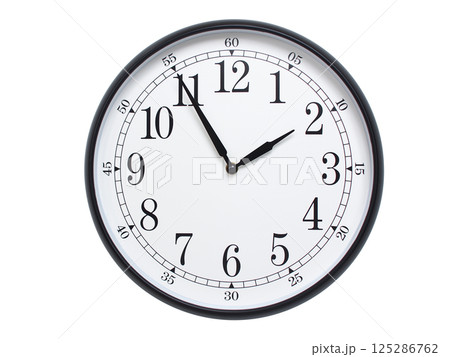 Round wall clock with black frame showing time at 01:55 or 13:55. Ideal for concepts of time or scheduling. 125286762