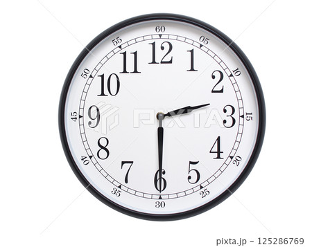Round wall clock with black frame showing time at 02:30 or 14:30. Ideal for concepts of time or scheduling. 125286769