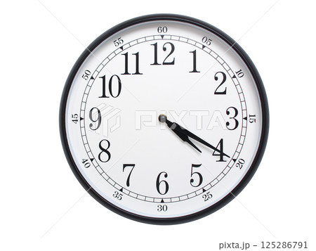 Round wall clock with black frame showing time at 04:20 or 16:20. Ideal for concepts of time or scheduling. 125286791