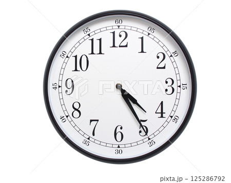 Round wall clock with black frame showing time at 04:25 or 16:25. Ideal for concepts of time or scheduling. 125286792