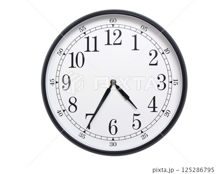 Round wall clock with black frame showing time at 04:35 or 16:35. Ideal for concepts of time or scheduling. Round wall clock with black frame showing time at 04:35 or 16:35. Ideal for concepts of time or scheduling. 125286795