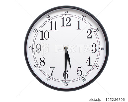 Round wall clock with black frame showing time at 05:30 or 17:30. Ideal for concepts of time or scheduling. Round wall clock with black frame showing time at 05:30 or 17:30. Ideal for concepts of time or scheduling. 125286806
