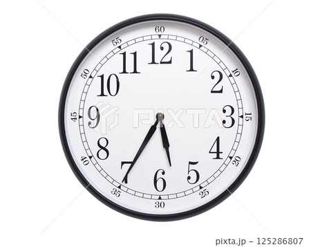 Round wall clock with black frame showing time at 05:35 or 17:35. Ideal for concepts of time or scheduling. 125286807