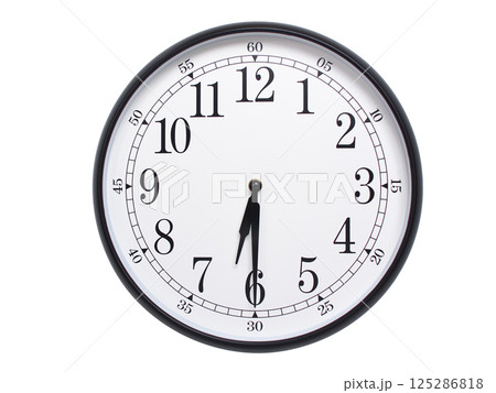 Round wall clock with black frame showing time at 06:30 or 18:30. Ideal for concepts of time or scheduling. 125286818