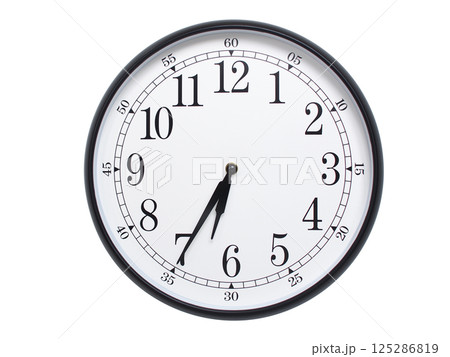 Round wall clock with black frame showing time at 06:35 or 18:35. Ideal for concepts of time or scheduling. Round wall clock with black frame showing time at 06:35 or 18:35. Ideal for concepts of time or scheduling. 125286819