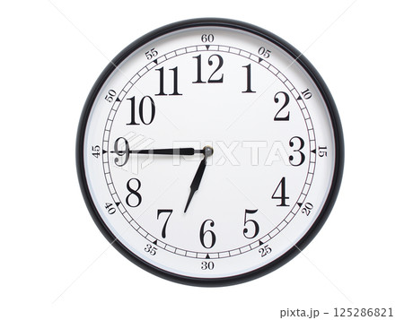 Round wall clock with black frame showing time at 06:45 or 18:45. Ideal for concepts of time or scheduling. Round wall clock with black frame showing time at 06:45 or 18:45. Ideal for concepts of time or scheduling. 125286821