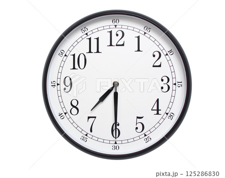 Round wall clock with black frame showing time at 07:30 or 19:30. Ideal for concepts of time or scheduling. 125286830