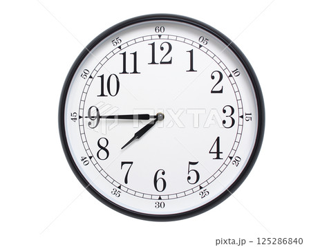 Round wall clock with black frame showing time at 07:45 or 19:45. Ideal for concepts of time or scheduling. Round wall clock with black frame showing time at 07:45 or 19:45. Ideal for concepts of time or scheduling. 125286840