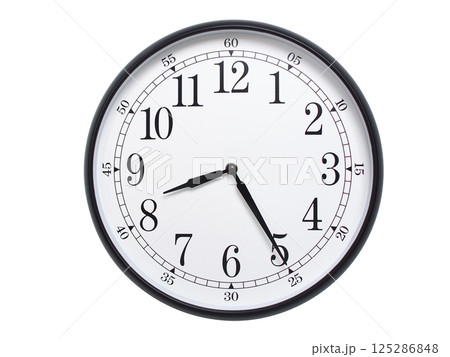 Round wall clock with black frame showing time at 08:25 or 20:25. Ideal for concepts of time or scheduling. 125286848