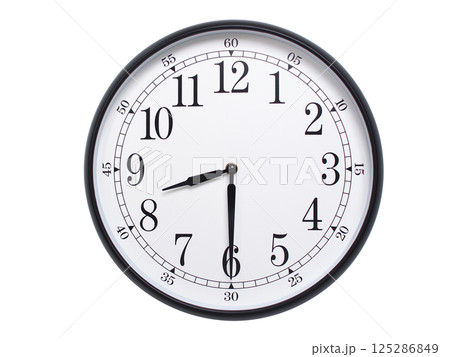 Round wall clock with black frame showing time at 08:30 or 20:30. Ideal for concepts of time or scheduling. 125286849