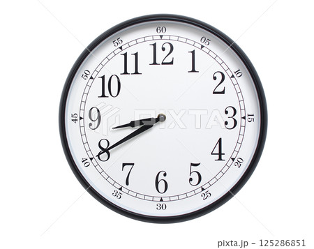 Round wall clock with black frame showing time at 08:40 or 20:40. Ideal for concepts of time or scheduling. Round wall clock with black frame showing time at 08:40 or 20:40. Ideal for concepts of time or scheduling. 125286851