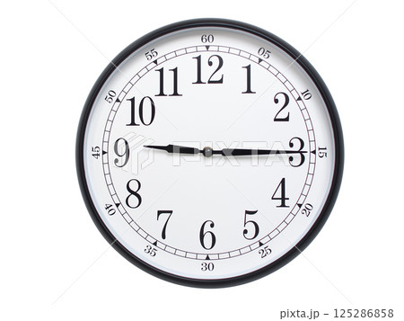 Round wall clock with black frame showing time at 09:15 or 21:15. Ideal for concepts of time or scheduling. Round wall clock with black frame showing time at 09:15 or 21:15. Ideal for concepts of time or scheduling. 125286858