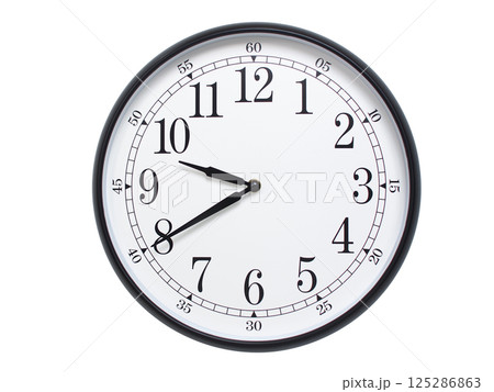 Round wall clock with black frame showing time at 09:40 or 21:40. Ideal for concepts of time or scheduling. Round wall clock with black frame showing time at 09:40 or 21:40. Ideal for concepts of time or scheduling. 125286863