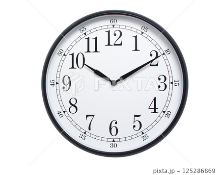 Round wall clock with black frame showing time at 10:10 or 22:10. Ideal for concepts of time or scheduling. Round wall clock with black frame showing time at 10:10 or 22:10. Ideal for concepts of time or scheduling. 125286869