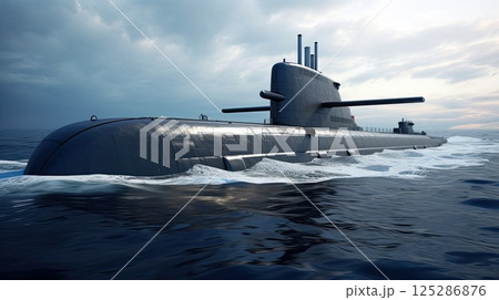 Heavy atomic submarine floating in ocean. Excellent aerials over a submarine at sea. 125286876