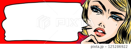 怪しげに何かを疑う表情の60年代アメコミ風の金髪美女と吹き出し 怪しげに何かを疑う表情の60年代アメコミ風の金髪美女と吹き出し 125286922