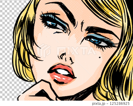 A 1960s American comic book-style blonde beauty with a suspicious, suspicious look 125286925