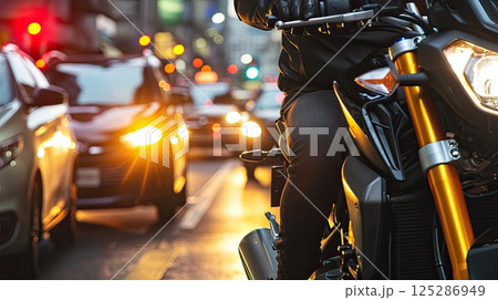 Against the backdrop of the city skyline, the motorcyclist effortlessly weaves through urban traffic with unmatched skill. 125286949