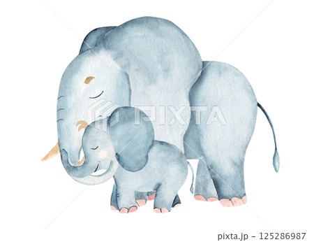Elephant Family. Baby elephant is hugging its mom or dad by the trunk. Hand drawn watercolor Safari illustration of African animal isolated on a white background. Happy mothers day. 125286987
