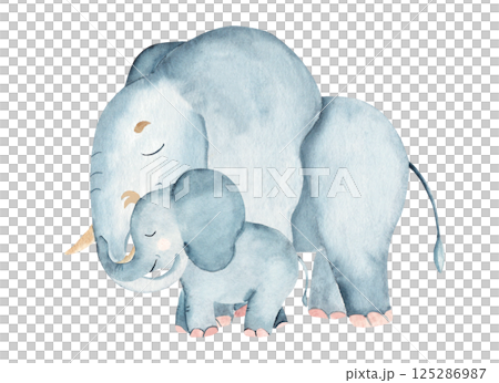 Elephant Family. Baby elephant is hugging its mom or dad by the trunk. Hand drawn watercolor Safari illustration of African animal isolated on a white background. Happy mothers day. 125286987