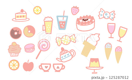 かわいい手描きのスイーツイラスト素材セット 125287012